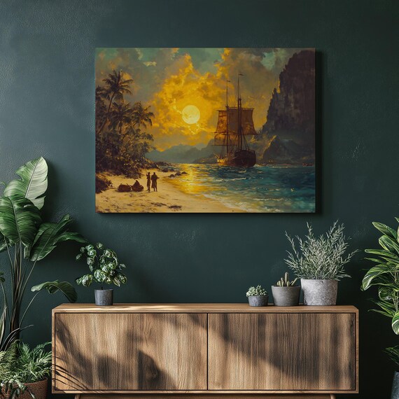 Golden Sunset Tall Ship Tropical Beach Romantic Seascape Painting Poster