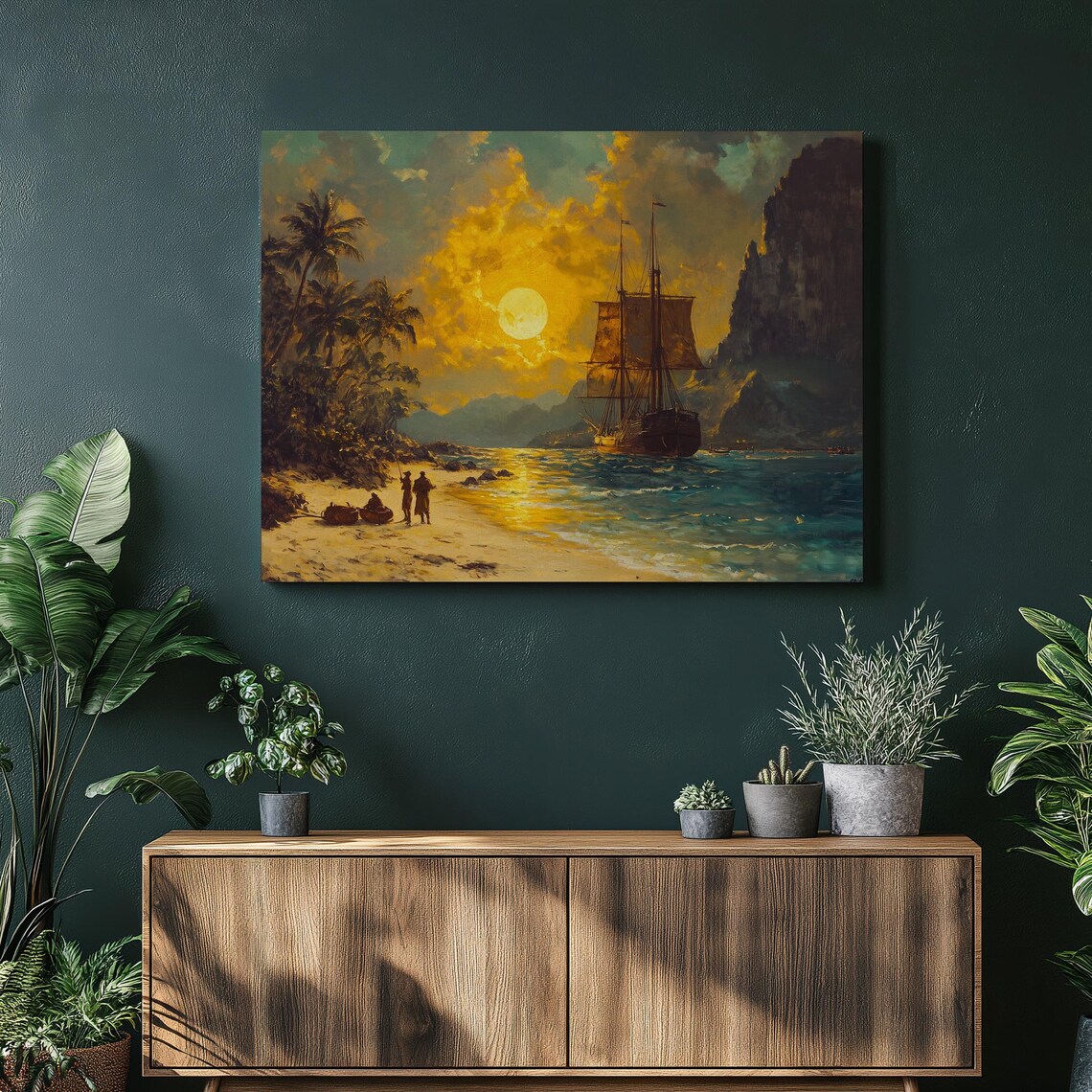 Golden Sunset Tall Ship Tropical Beach Romantic Seascape Painting Poster
