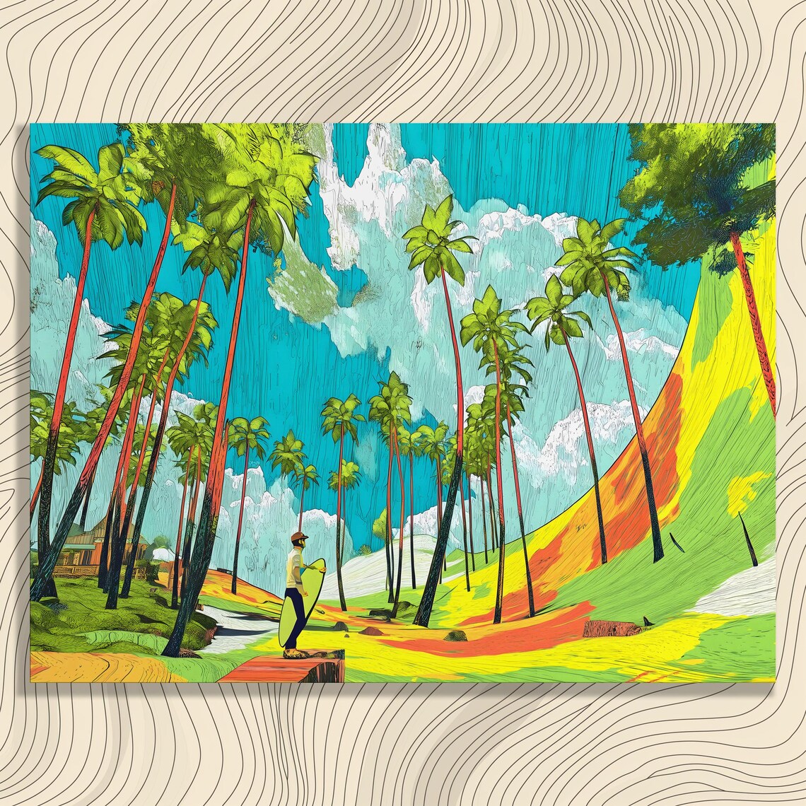 Vibrant Tropical Surfer Palm Trees Retro Beach Surf Scene Poster