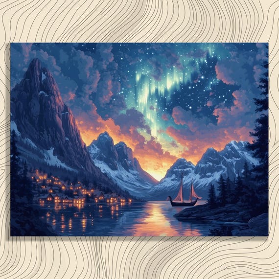 Serene Mountain Aurora Canvas Wall Art Vibrant Northern Lights Landscape Painting Print Watercolor Reflection