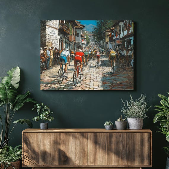 Road Cycling Peloton Canvas Wall Art Impressionist Bicycle Print Vintage Decor European Village Painting Mountain Landscape Gift