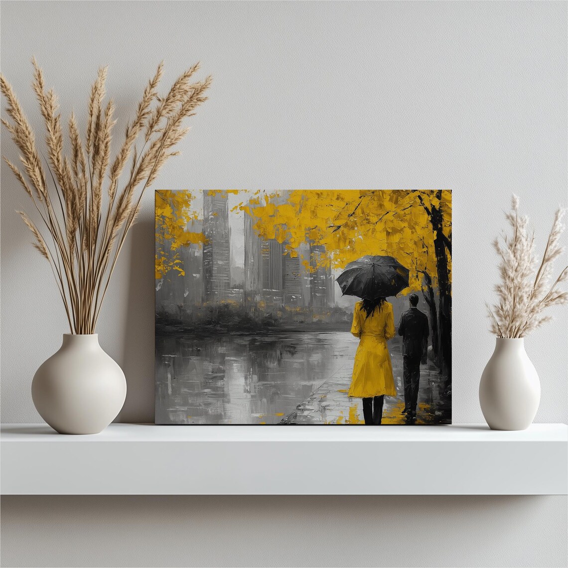 Yellow Raincoat Couple Umbrella Autumn Rain City Painting Poster