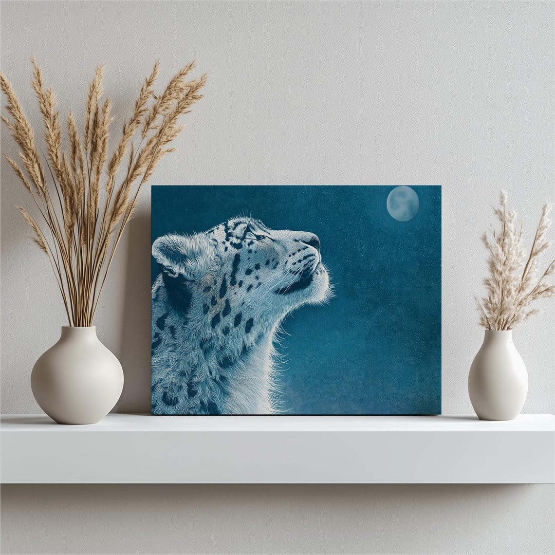 Snow Leopard Moonlight Canvas Wall Art Blue Night Sky Print Full Moon Decor Wildlife Illustration Big Cat Portrait Modern Nature Gift