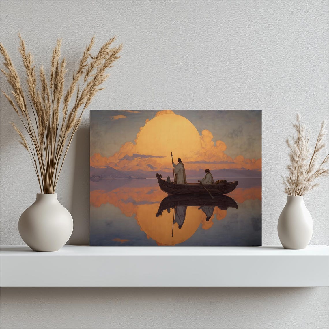 Golden Moon Ferrymen Boat Dreamlike Mythology Art Robed Poster