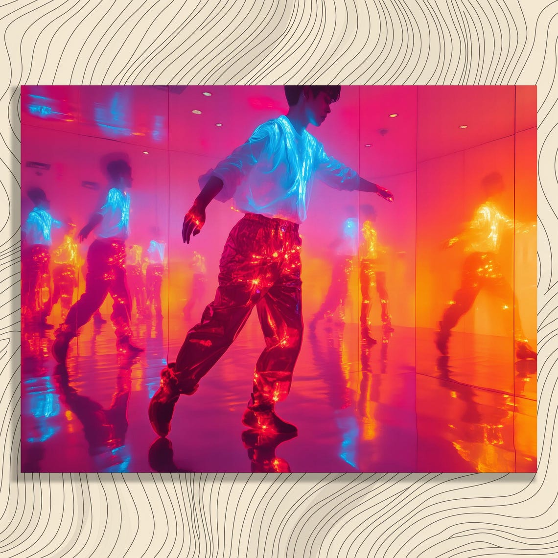Neon Dancer In Mirrored Room Futuristic Red And Blue Light Poster