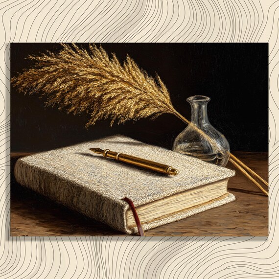 Fountain Pen Linen Journal Pampas Grass Moody Bookish Still Life Poster