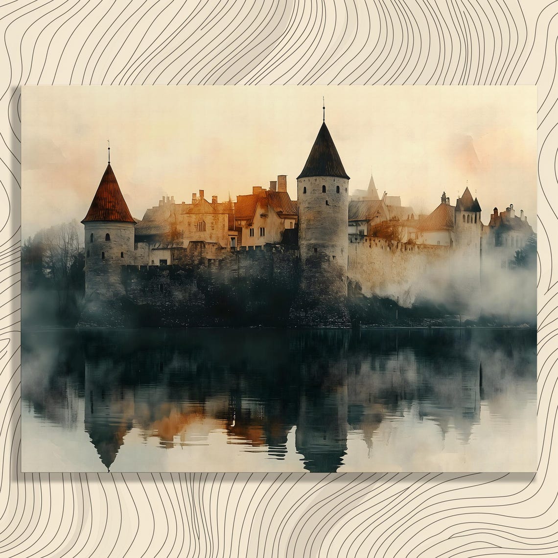 Misty Medieval Castle on Still Water with Foggy Reflection Poster