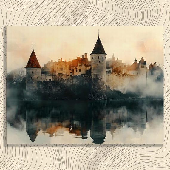 Misty Vintage Castle Canvas Wall Art Medieval Reflection Landscape Painting Decor Print Gift For Enthusiasts Victorian