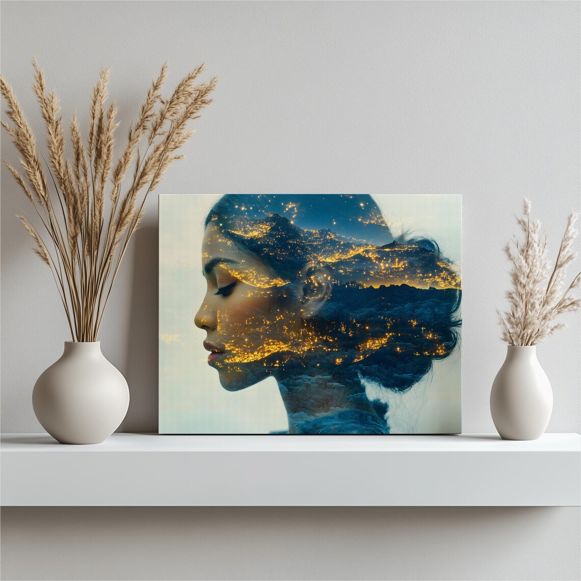 Woman Silhouette Double Exposure Golden City Lights Night Poster