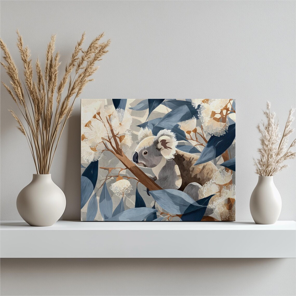 Australian Koala Canvas Wall Art Blue Neutral Botanical Eucalyptus Wildlife Print Modern Nature Illustration Unique Home Decor Gift