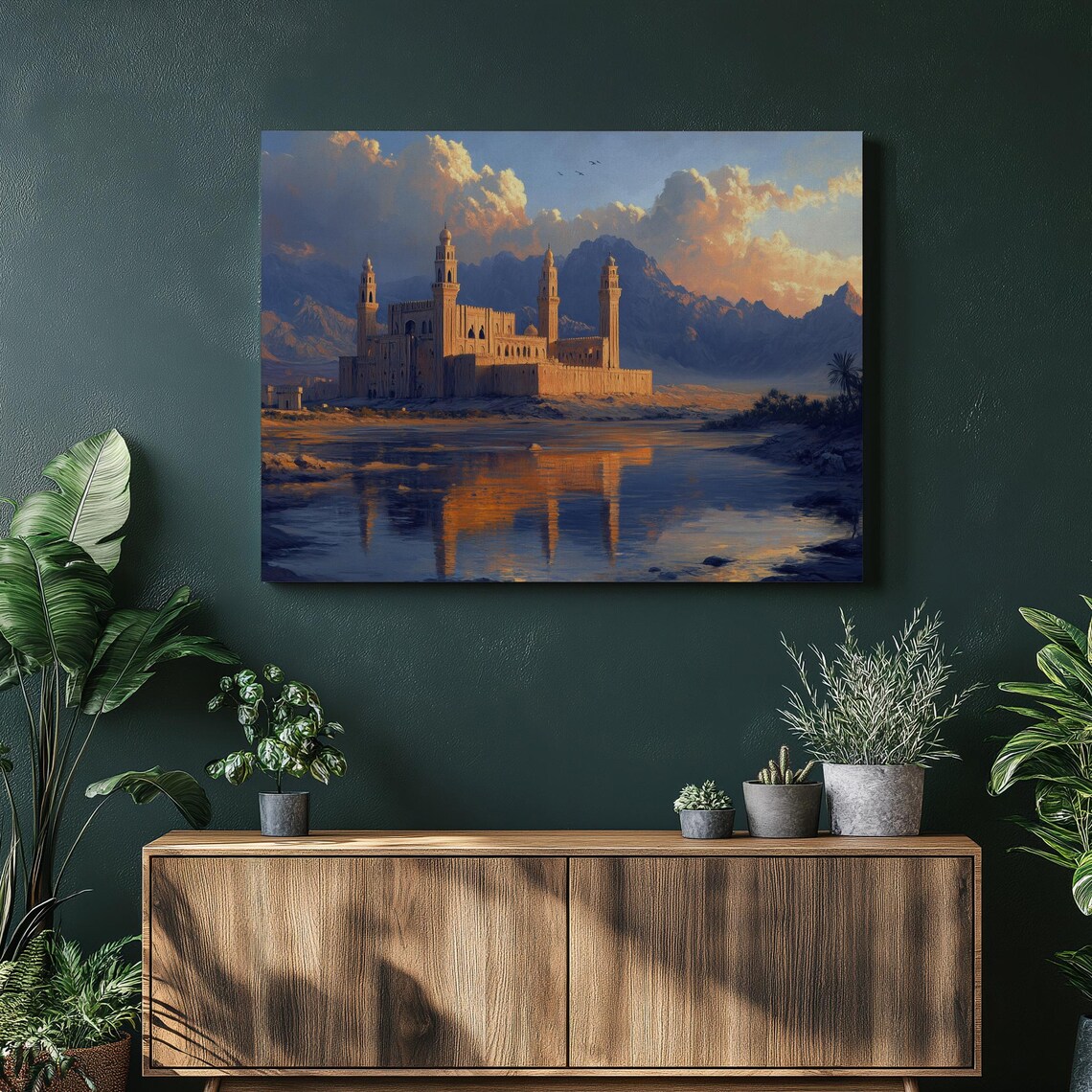 Grand Desert Mosque By River At Golden Sunset Islamic Art Poster