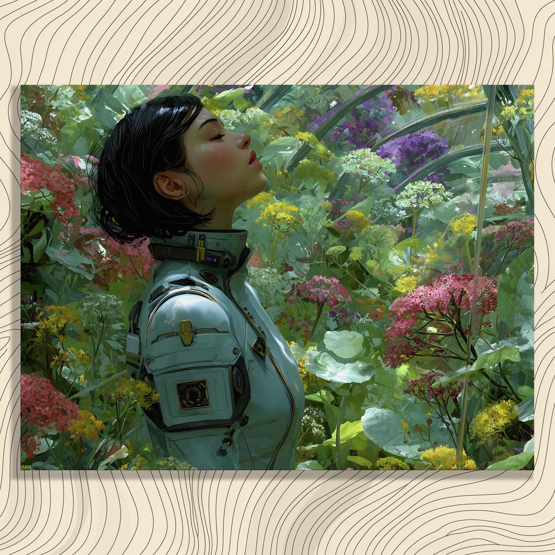 Futuristic Spacesuit Greenhouse Canvas Wall Art Modern Botanical Print Solarpunk Colorful Flowers For Nature Lovers