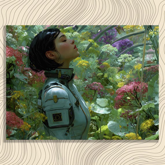 Futuristic Spacesuit Greenhouse Canvas Wall Art Modern Botanical Print Solarpunk Colorful Flowers For Nature Lovers