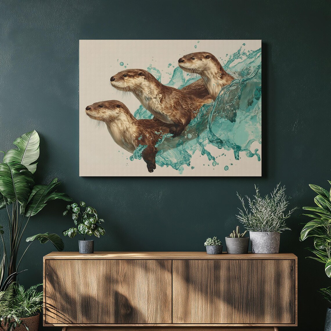 Playful Otters Splashing Watercolor Wildlife Animal Art Poster