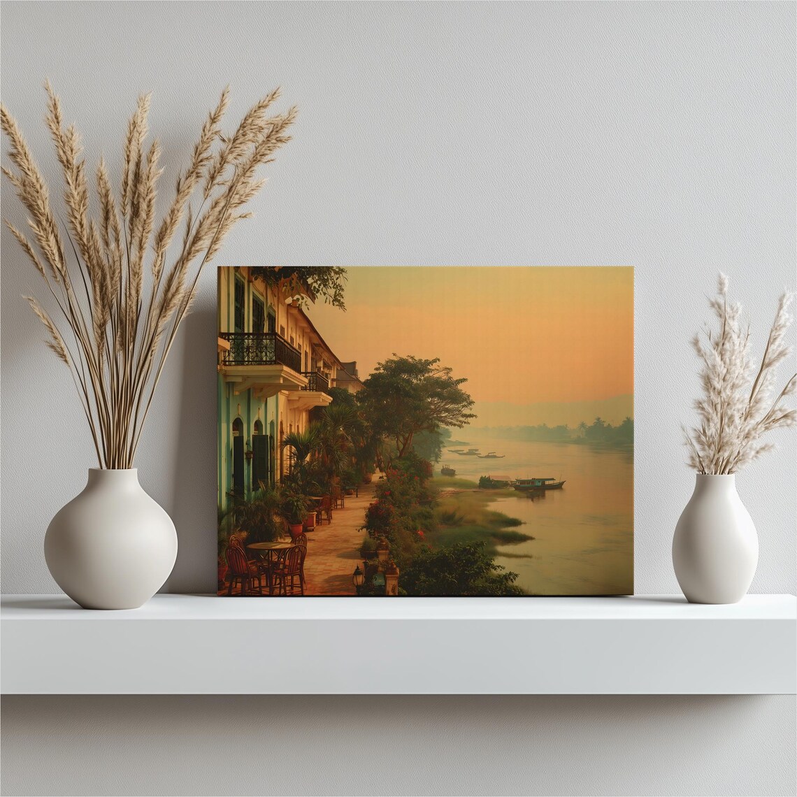 Colonial Riverside Street Sunset Tropical Boats Waterfront Wall Poster