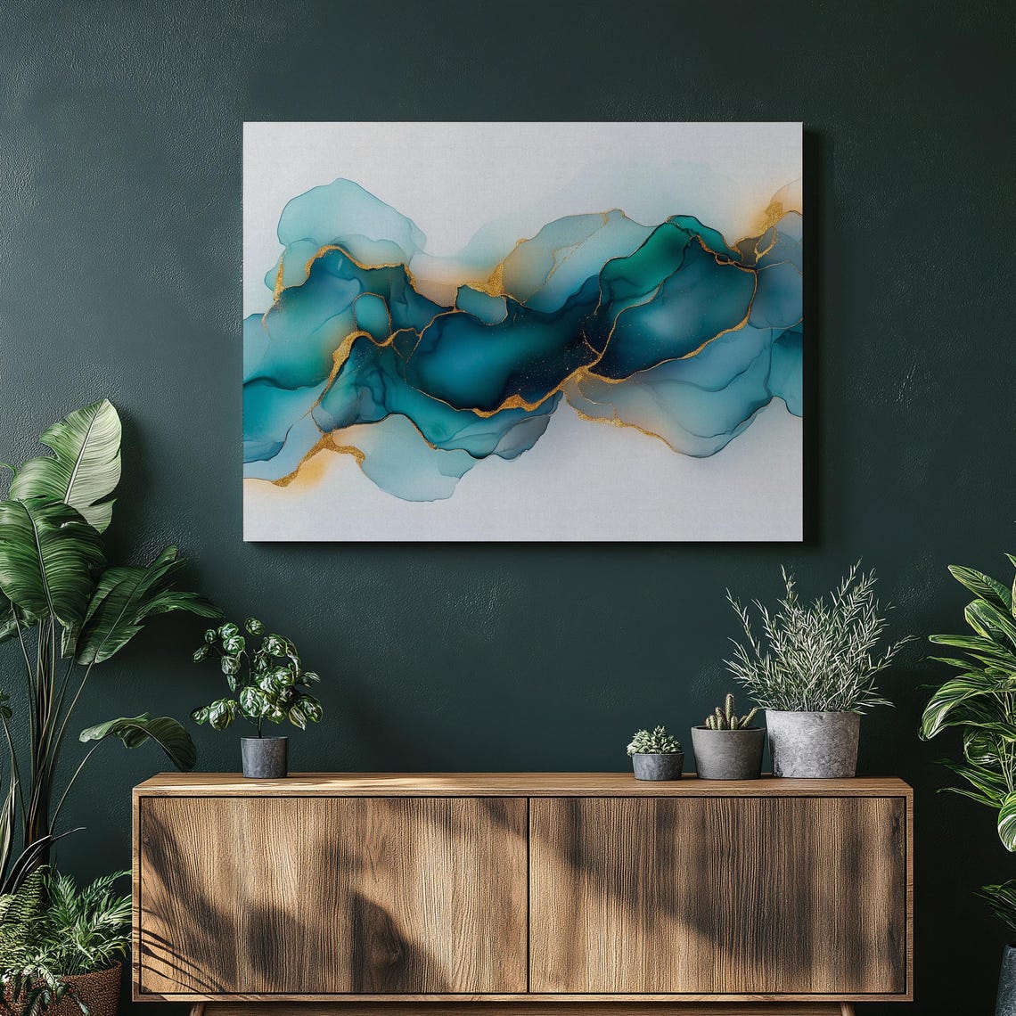 Teal and Gold Alcohol Ink Abstract Ocean Fluid Art Poster for Home