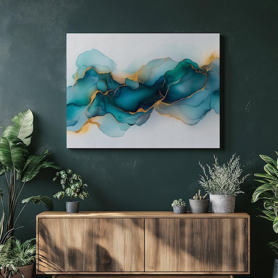 Modern Abstract Canvas Wall Art Blue Green Fluid Ink Painting With Gold Accents Contemporary Ocean Wave Decor For Living Room Office