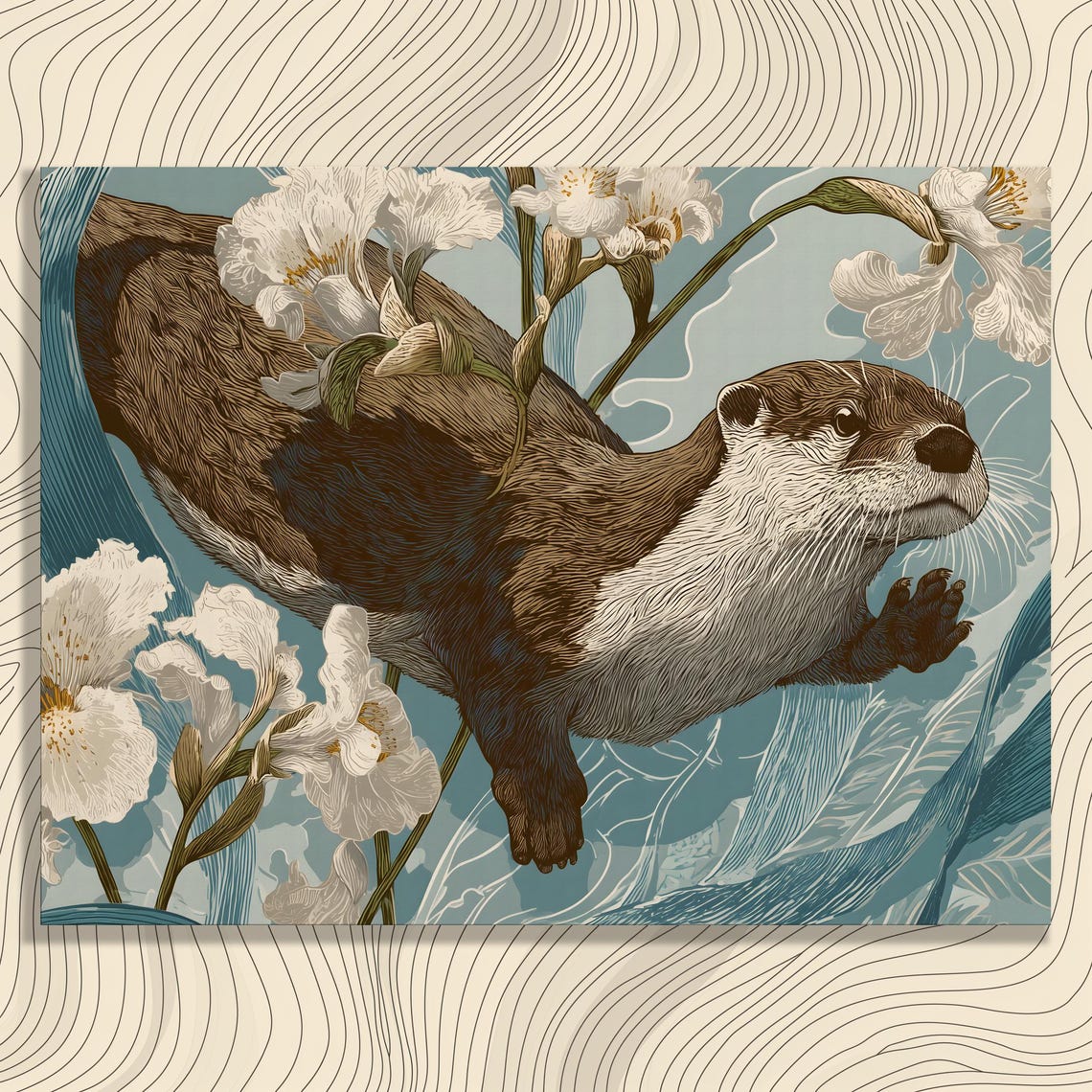 Playful Otter Swimming Among White Irises Art Nouveau Style Poster