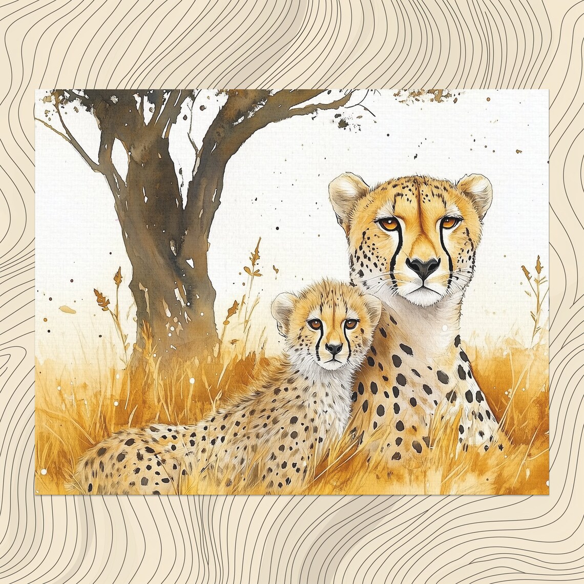 Cheetah Mother And Cub Golden Grasslands Watercolor Art Poster