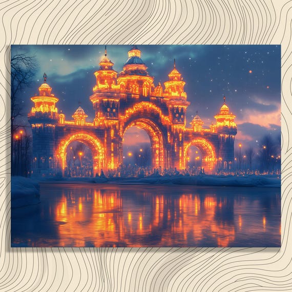 Glowing Ice Castle Winter Night Fantasy Palace Canvas Art Poster