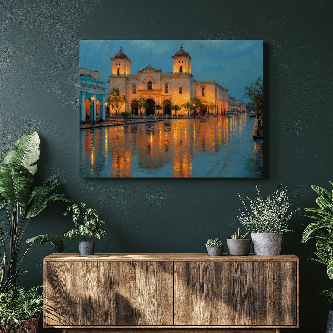 Rainy Night Cathedral Street Reflections Urban Cityscape Art Poster