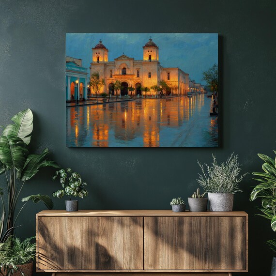 Urban Cathedral Canvas Wall Art Rainy Cityscape Painting Print Decor With Glowing Street Lights Reflections Architecture Skyline Gift