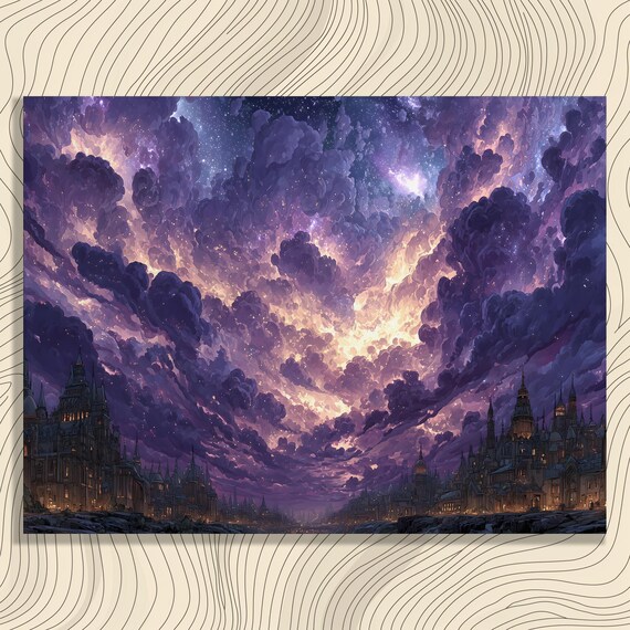 Surreal Gothic Cityscape Canvas Wall Art Dark Fantasy Twilight Sky Starry Night Decor Print Gift For Adults Mystical Clouds Galaxies