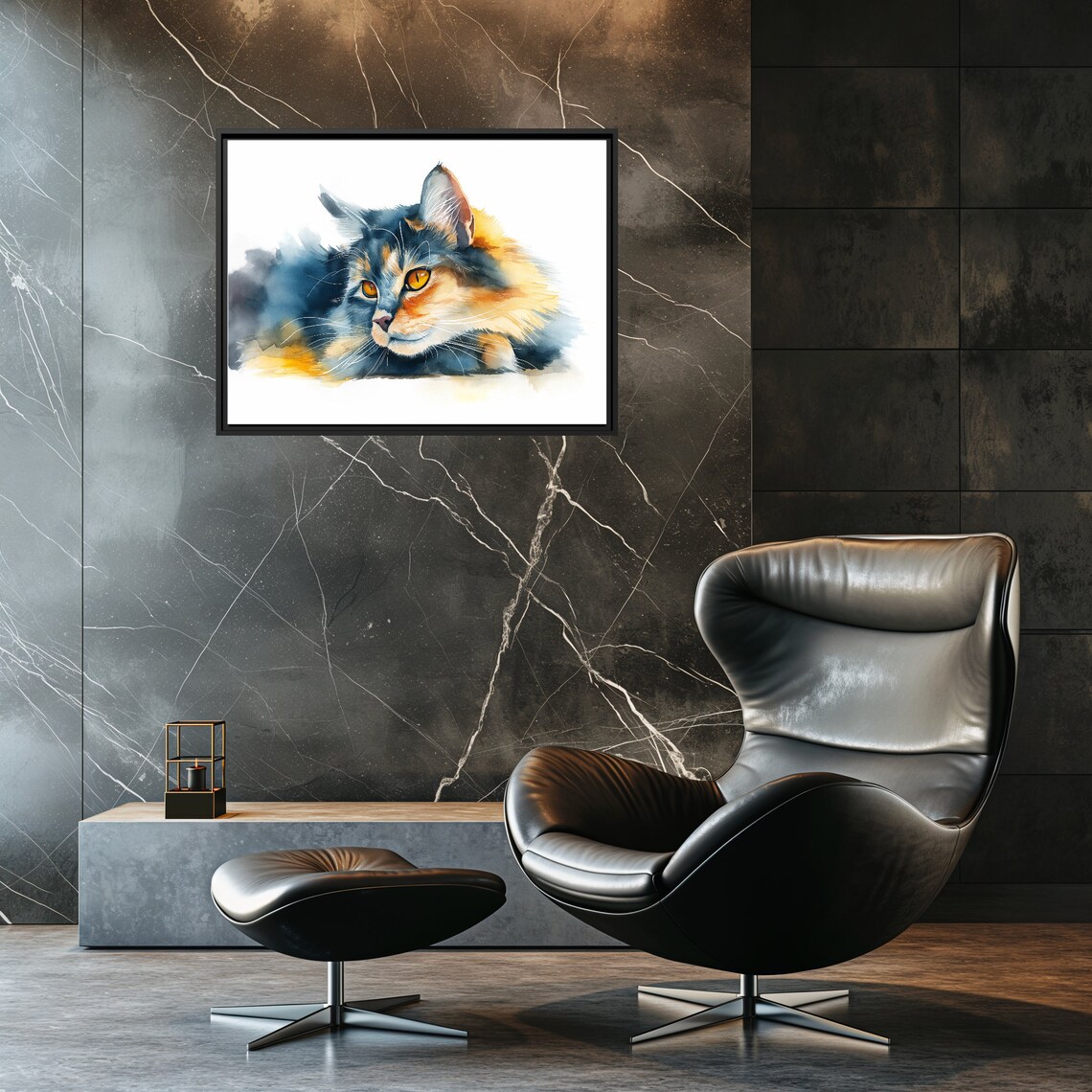 Sleepy Calico Cat Amber Eyes Watercolor Pet Portrait Art Poster