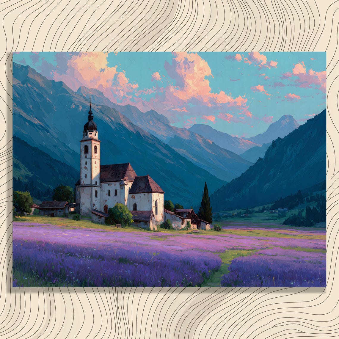 Lavender Field Country Church Mountain Sunset Canvas Wall Art