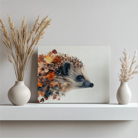 Whimsical Hedgehog Canvas Wall Art With Autumn Leaves Boho Nature Decor Wildlife Animal Portrait Print For Living Room Nursery Office