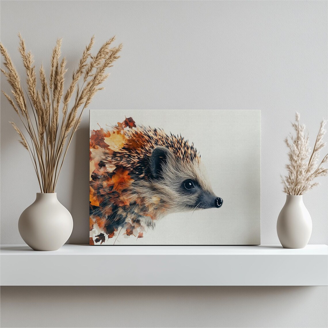Hedgehog Watercolor Portrait Autumn Leaves Boho Wildlife Print