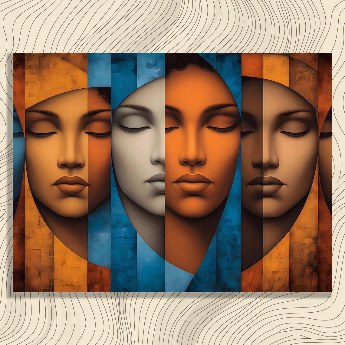 African Abstract Faces Striped Portrait Modern Tribal Art Poster