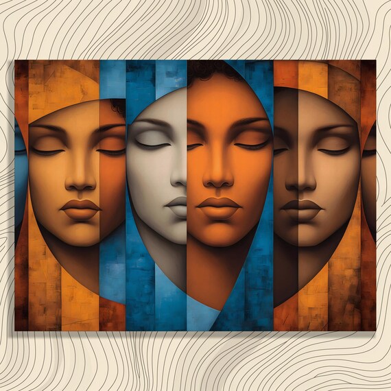 Abstract Geometric Face Canvas Wall Art Color Block Design Blue Orange Painting Split Print Modern Cubist Poster Female Portrait