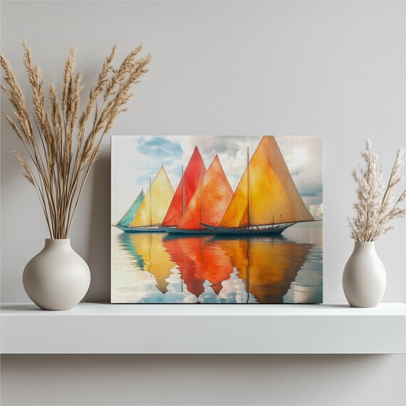 Colorful Vintage Sailboats On Calm Water Canvas Reflection Wall Art