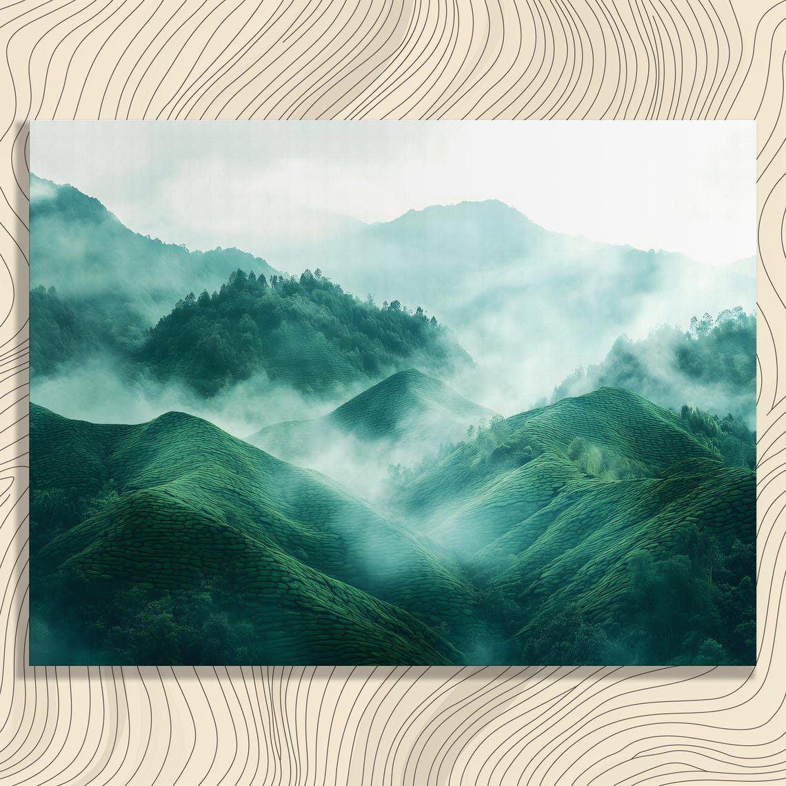 Misty Green Tea Terrace Mountains Foggy Landscape Canvas Poster