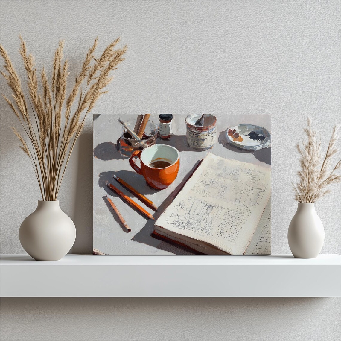 Artist Coffee Mug Sketchbook Workspace Warm Still Life Art Poster