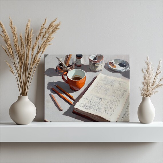 Artist Coffee Mug Sketchbook Workspace Warm Still Life Art Poster