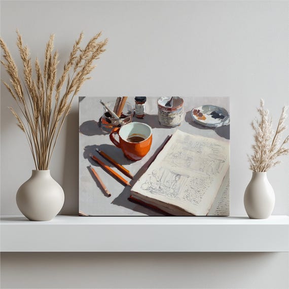 Coffee Still Life Canvas Wall Art Modern Studio Workspace Sketchbook Palette Gallery Wrapped Gift For Creatives