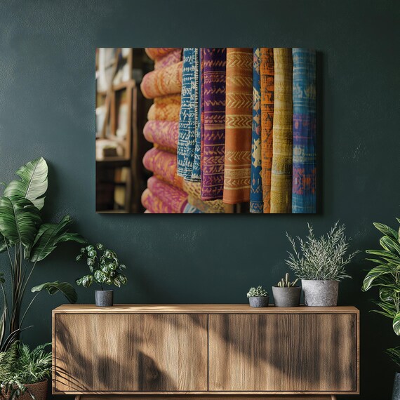 Colorful Rolled Textiles Market Vibrant Fabric Pattern Wall Art