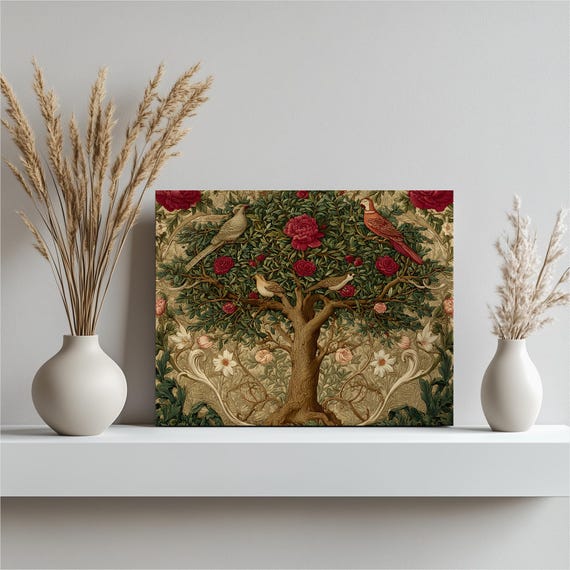 Art Nouveau Floral Canvas Wall Tree Of Life Roses And Songbirds Vintage Botanical Print Nature Decor Gift For Bird Lovers