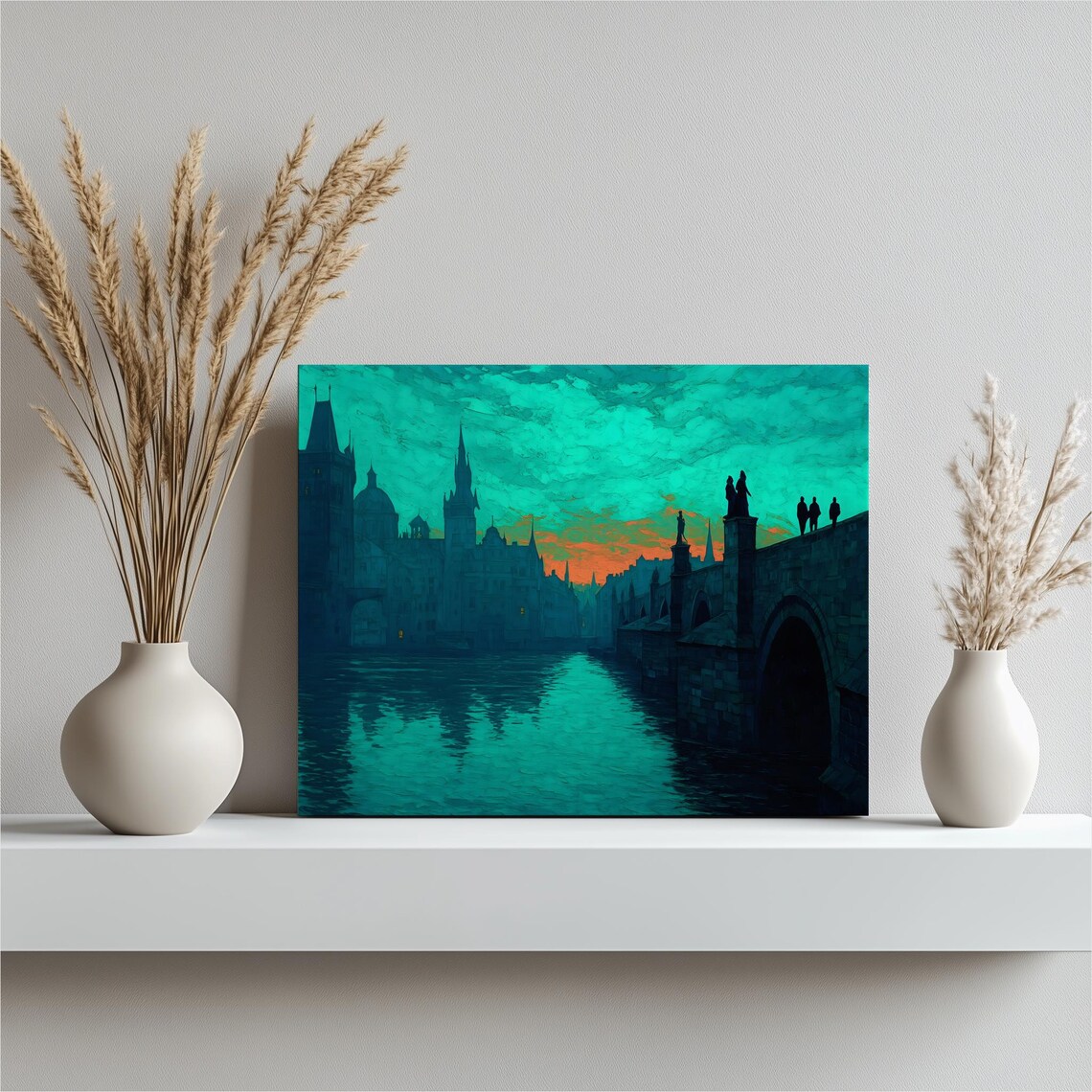 Prague Bridge Canvas Wall Art Vintage Cityscape Sunset Reflection Silhouette Skyline Water Print Historic Decor River