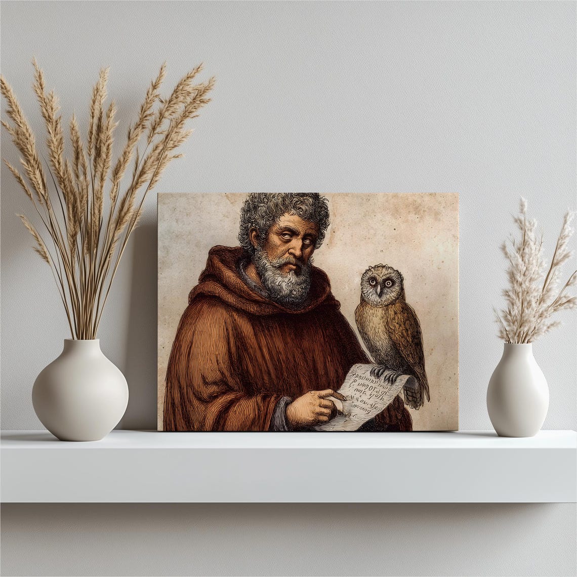 Medieval Owl Monk Canvas Wall Art Vintage Engraving Gothic Parchment Scroll Antique Manuscript Print Scholarly Wisdom Book Lovers Gift
