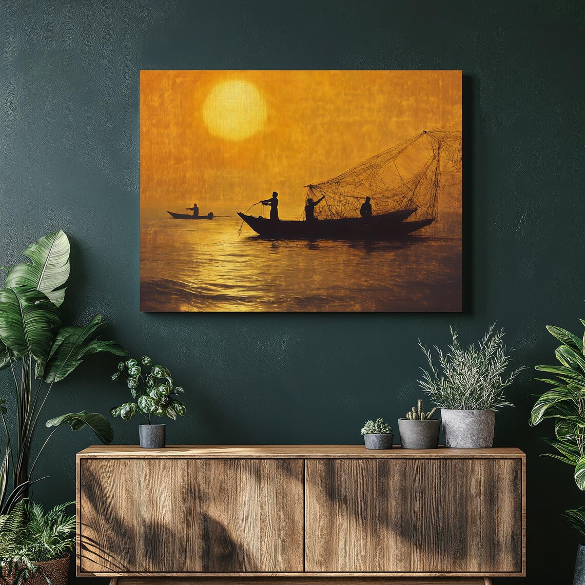 Golden Sunrise Fishermen Silhouettes Casting Nets Ocean Poster