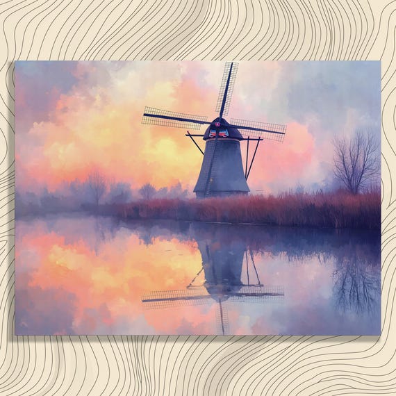 Windmill Sunset Canvas Wall Art Modern Impressionist Landscape Print Water Reflection Nature Home Decor Gift Blue Orange Vibrant Sky