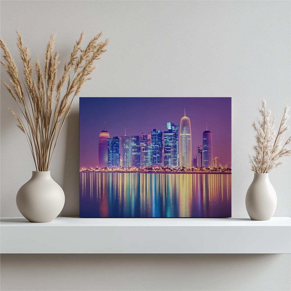 Doha Qatar Canvas Prints City Skyline Wall Art Urban Lights Night Waterfront Colorful Print Modern Home Decor