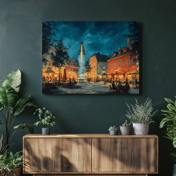 Vibrant Night Sky Canvas Wall Art European Cafe Scene With Glowing Fountain Warm Lights Historic Clock Spire Urban Cityscape Painting