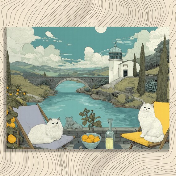 White Cats Lakeside Terrace Lemons Whimsical Illustration Poster