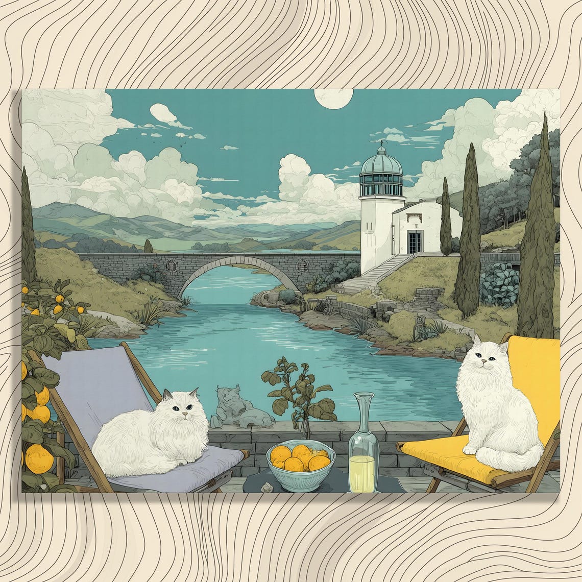 Italian Canvas Wall Art Lakeside Cat Illustration Print Mediterranean River Landscape Decor Lemon Orchard Gift White