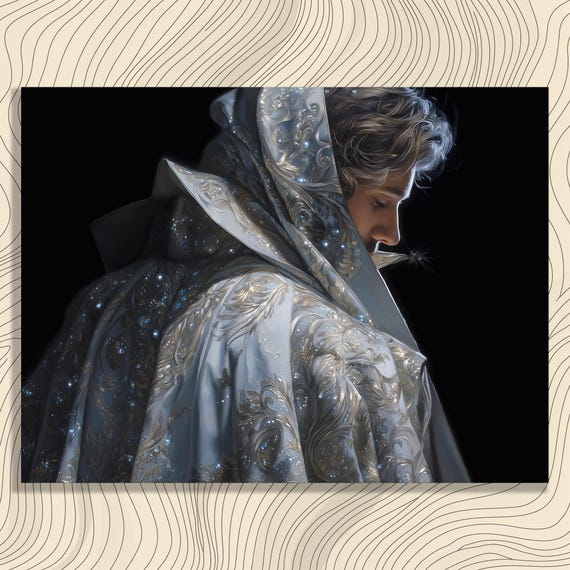 Hyperrealistic Hooded Figure Canvas Wall Art Embroidered Cloak Baroque Pattern Celestial Motif Star Detail Mystical Fantasy Portrait