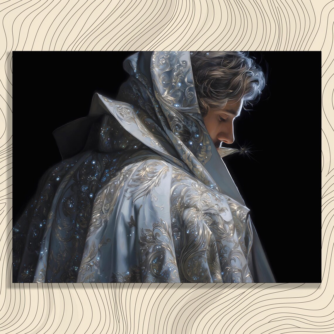 Silver Brocade Cloak Fantasy Portrait Regal Elegant Art Poster